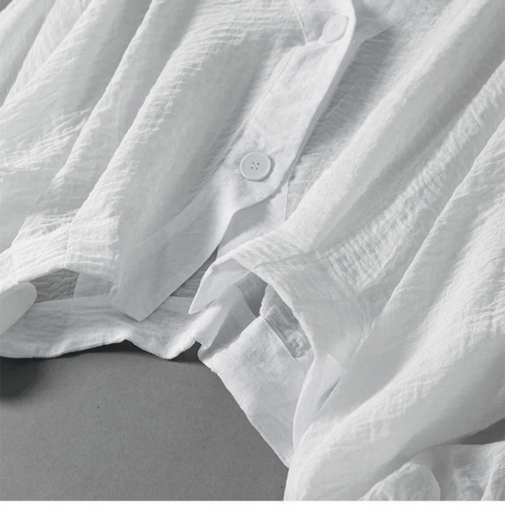 Marlen | V Neck Balloon Sleeve Button Linen Womens Blouse