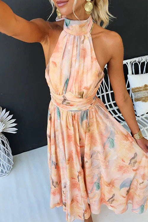 Celestine | Watercolour Print Crossover Halter Neck Maxi Dress