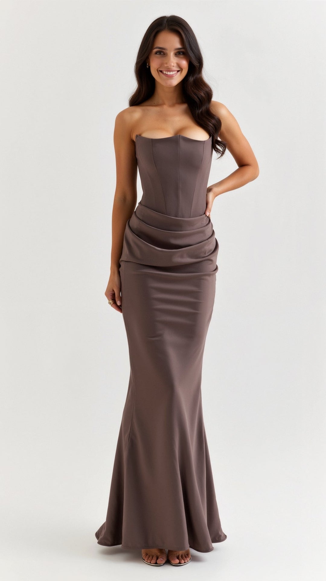 Adrienne | Strapless Corset Ruched Satin Maxi Formal Dress