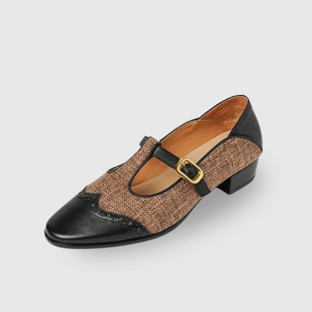 Paloma | Tweed Leather Trim T-Bar Block Heel Mary Jane Flats