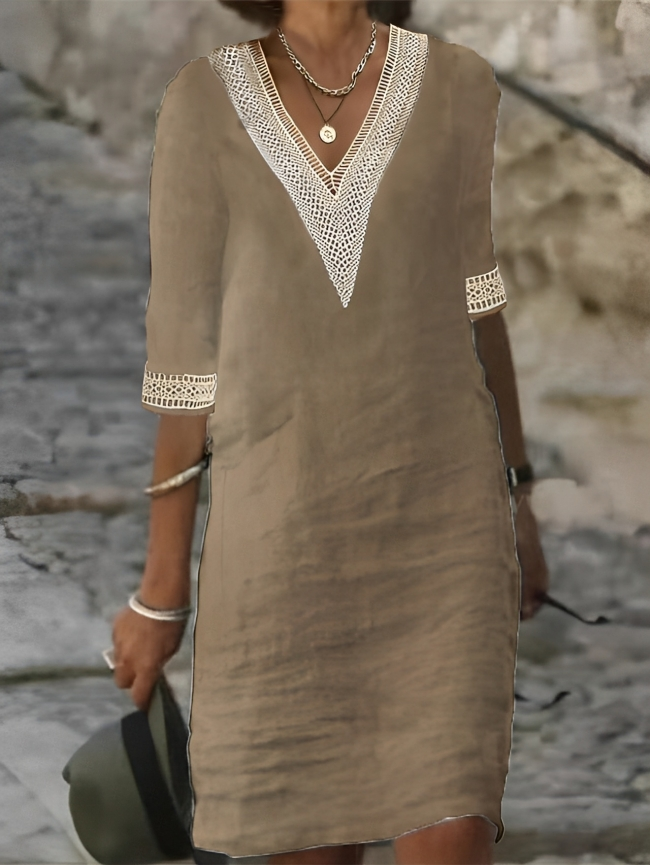Grecian | Crochet Trim V-Neck Linen Summer Dress