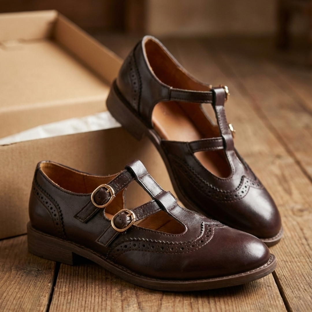 Brogue | Double Buckle T-Bar Leather Mary Jane Flats