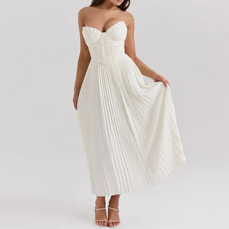 Mirabelle | Strapless Corset Womens Pleated Midi Dress with Boning