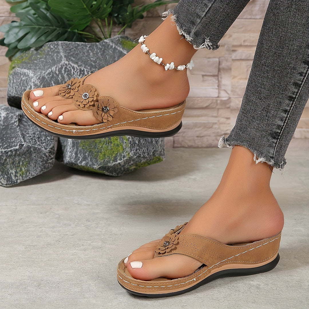 Fiona | Floral Appliqué Toe Post Wedge Sandals