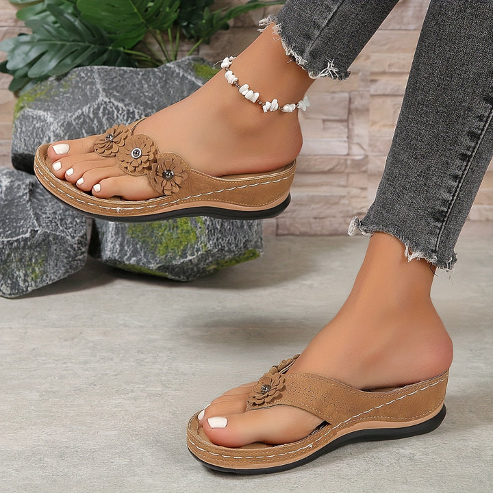 Fiona | Floral Appliqué Toe Post Wedge Sandals