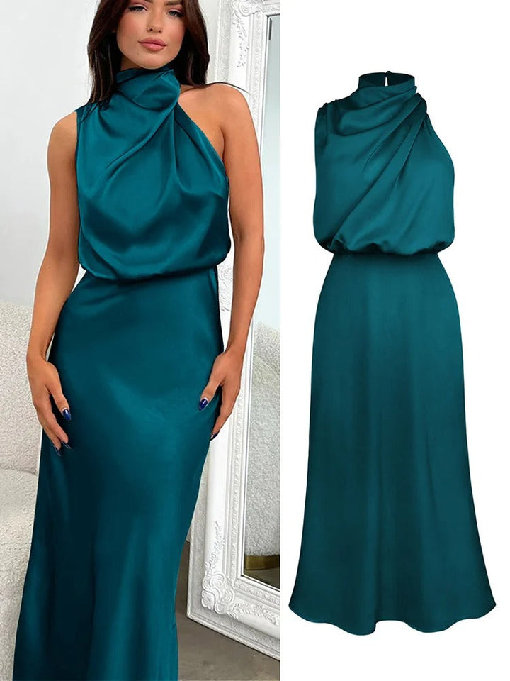 Calienne | Cowl Draped Halter Neck Maxi Dress with Elasticated Waist