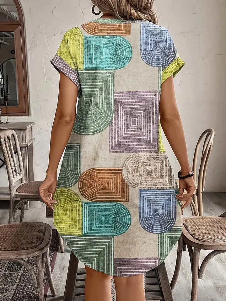 Mireille | Retro Geometric Print Button-Front Boho Dress