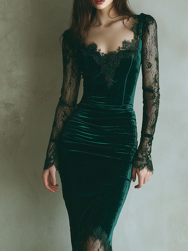 Emerald | Velvet Lace Bodycon Midi Dress – Elegant Evening Dress