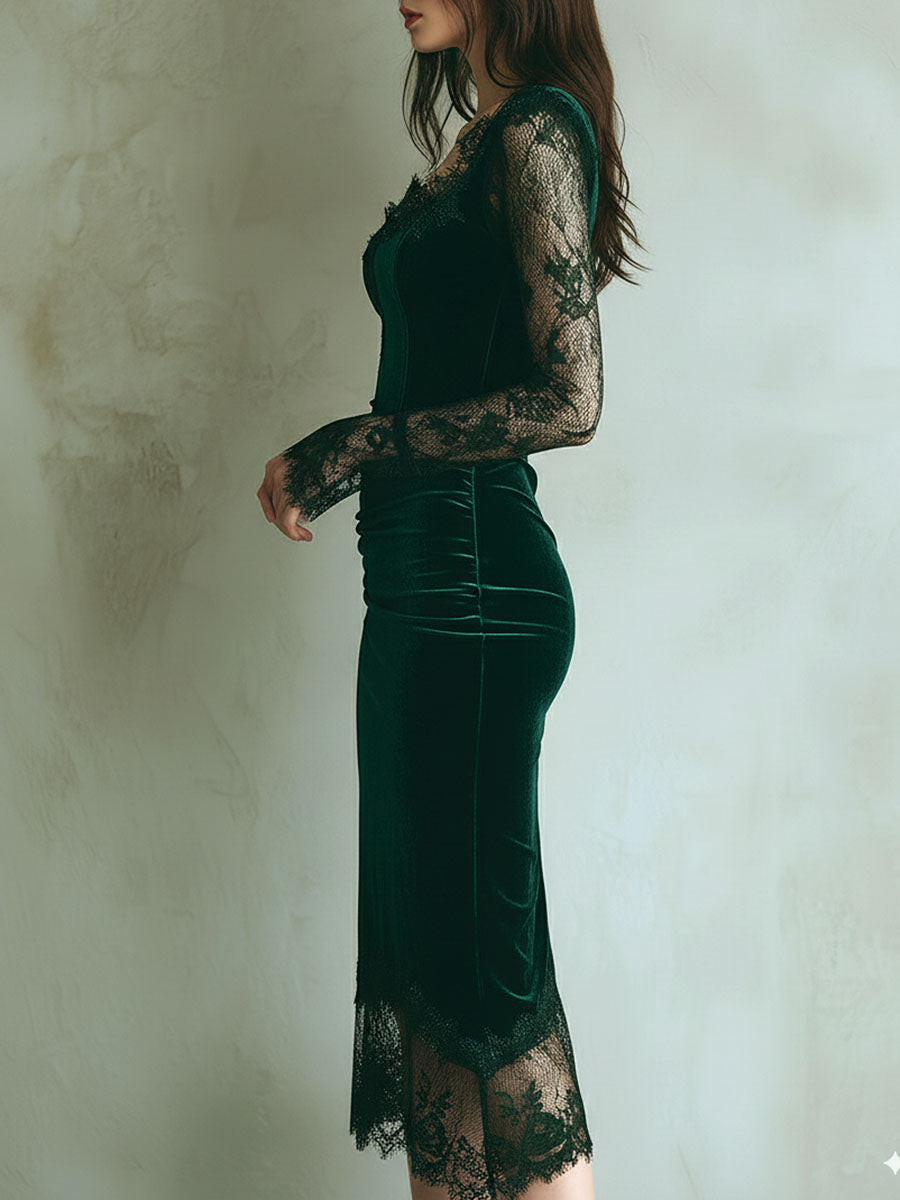 Emerald | Velvet Lace Bodycon Midi Dress – Elegant Evening Dress