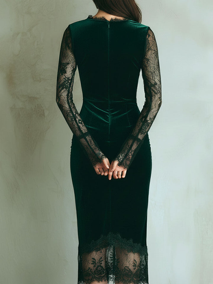 Emerald | Velvet Lace Bodycon Midi Dress – Elegant Evening Dress