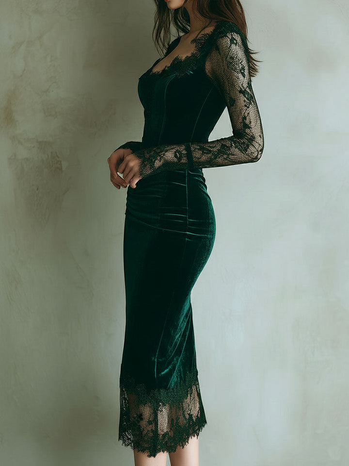 Emerald | Velvet Lace Bodycon Midi Dress – Elegant Evening Dress