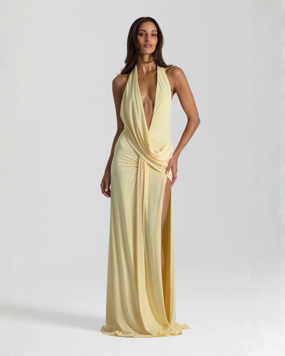 Solange | Draped Cowl Neck Backless Halter Neck Maxi Dress