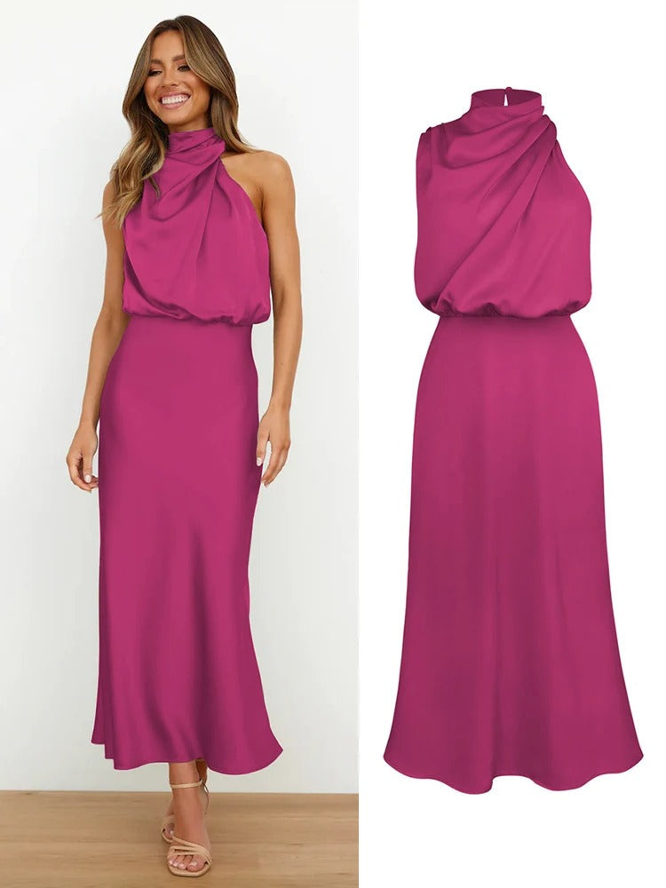 Calienne | Cowl Draped Halter Neck Maxi Dress with Elasticated Waist