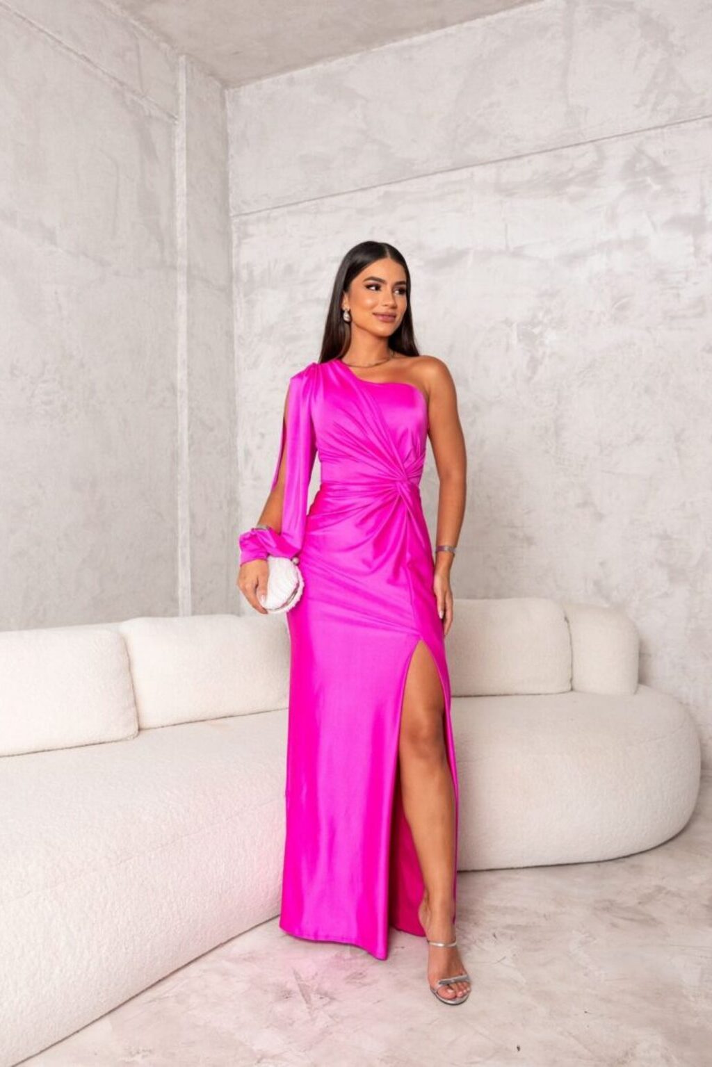 Cassandra | One Shoulder Twist Knot Satin Maxi Fall Wedding Guest Dress