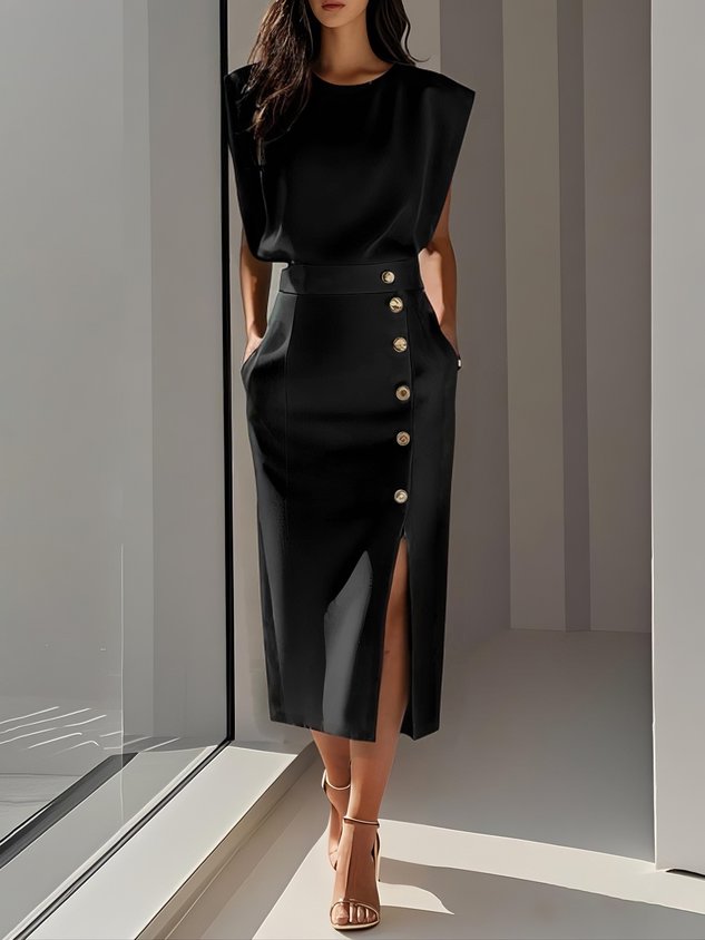 Vance | Padded Shoulder Gold Button Slit Midi Dress