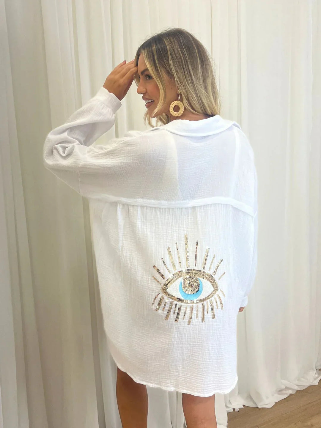Nazar | Oversized Sequin Evil Eye Shirt – Boho Statement Shirt
