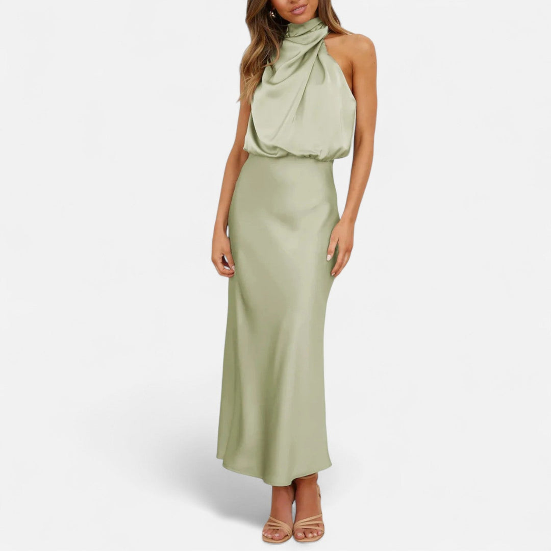 Margaux | Blouson Cowl Satin Halter Neck Maxi Dress