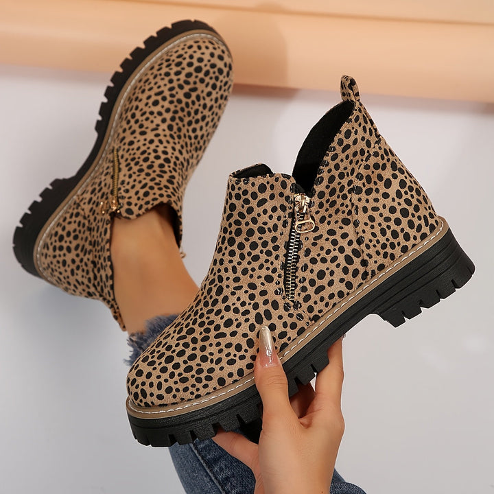 Zeva | Cheetah Print Side Zip Chunky Lug Sole Ankle Boots