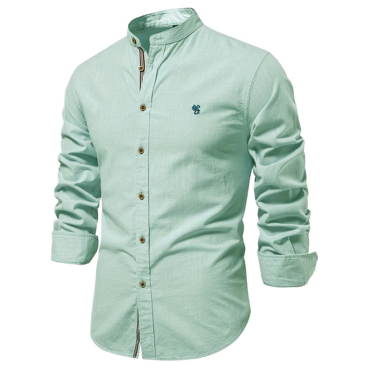 Emmett | Mandarin Collar Linen Men's Smart-Casual Shirt with Embroidery