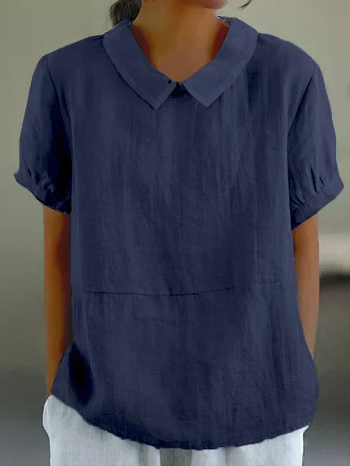 Lisbon | Peter Pan Collar Short-Sleeve Linen Tunic Blouse