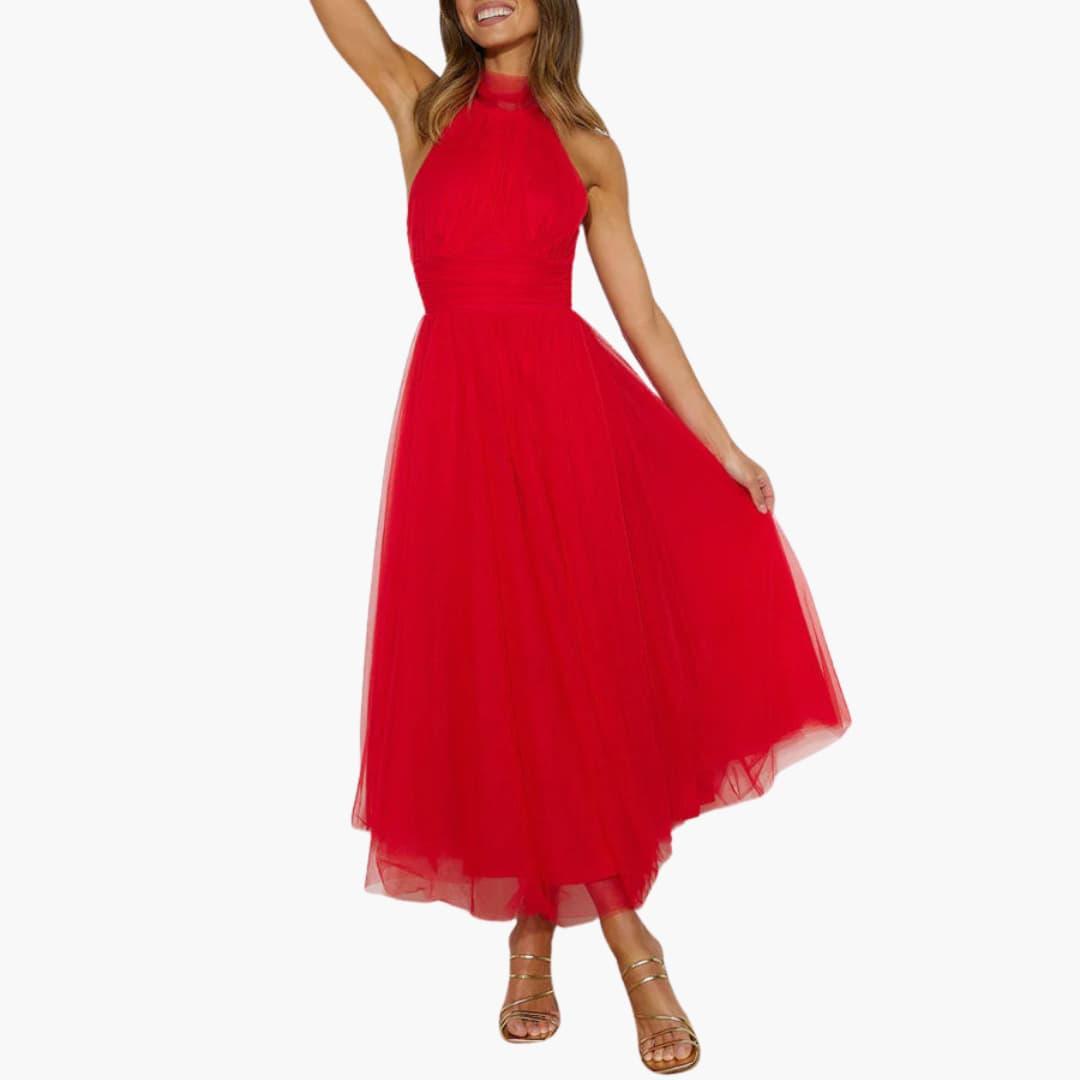 Celestine | Tulle Bow-Tie Halter Neck Maxi Dress with Full Skirt