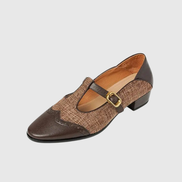 Paloma | Tweed Leather Trim T-Bar Block Heel Mary Jane Flats