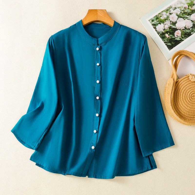 Cleo | Pearl Button Silk Blouse – Women's Elegant Flare Sleeve Top
