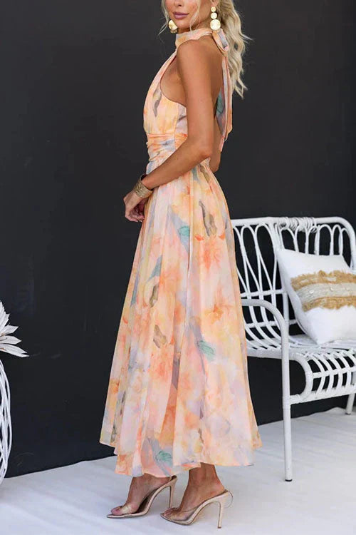 Celestine | Watercolour Print Crossover Halter Neck Maxi Dress