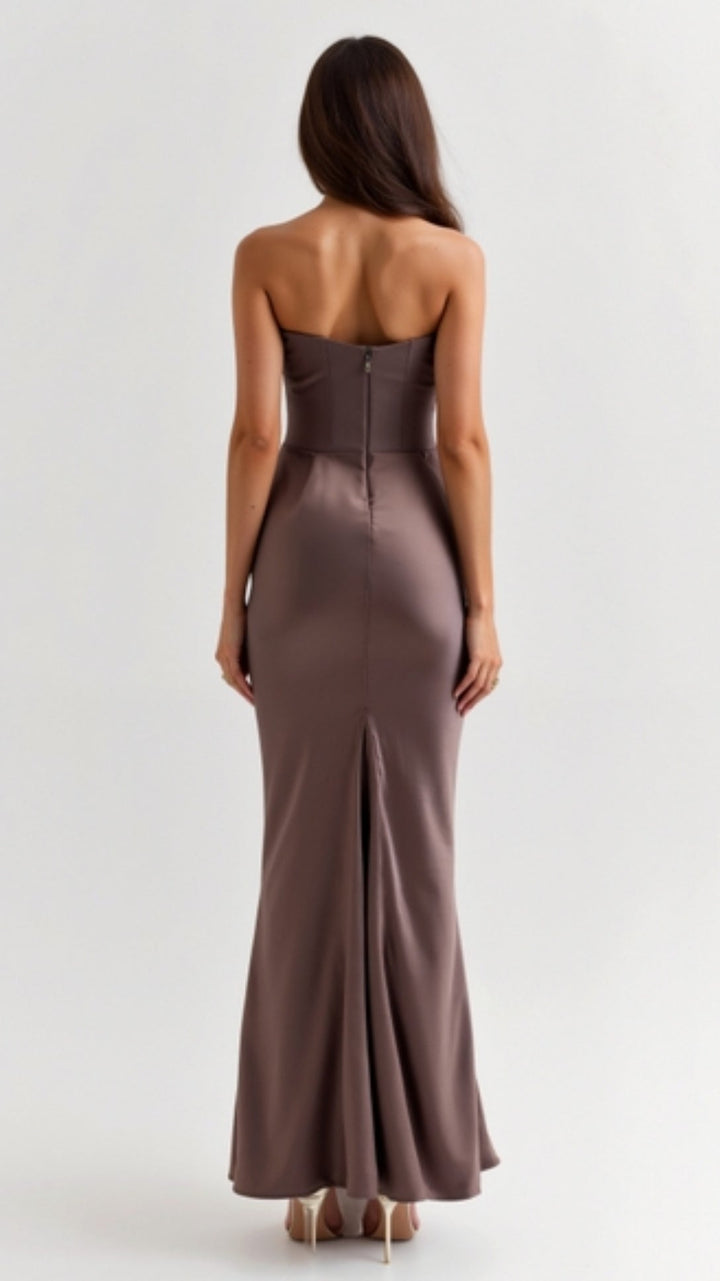 Adrienne | Strapless Corset Ruched Satin Maxi Formal Dress