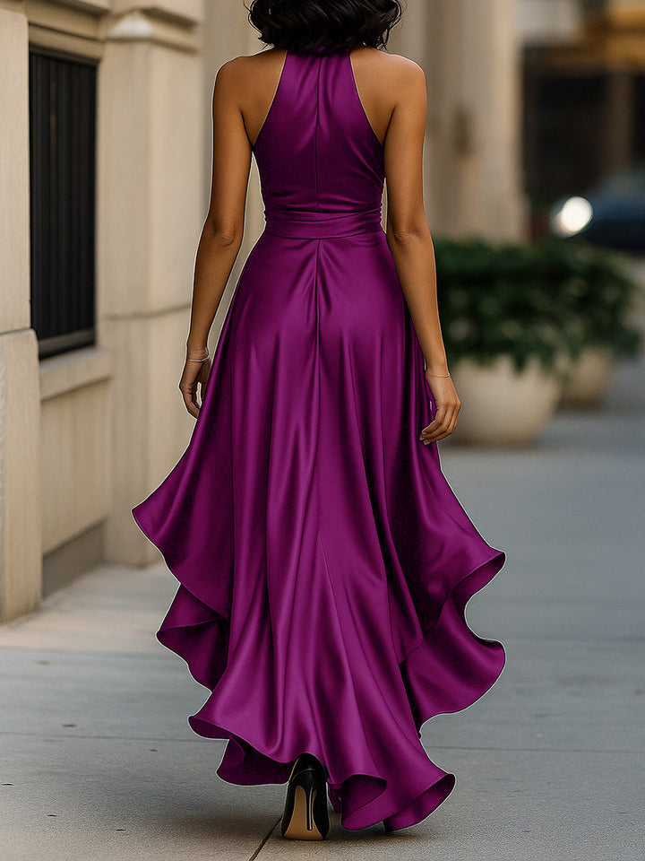 Odette | Halter V-Neck Bow Tie Ruffle Hem Satin Maxi Formal Dress