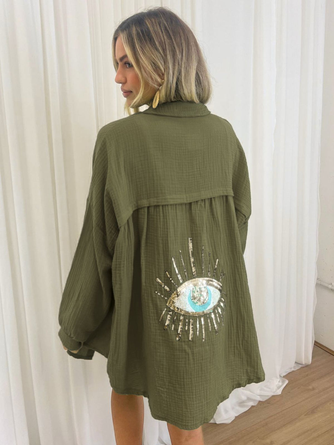 Nazar | Oversized Sequin Evil Eye Shirt – Boho Statement Shirt