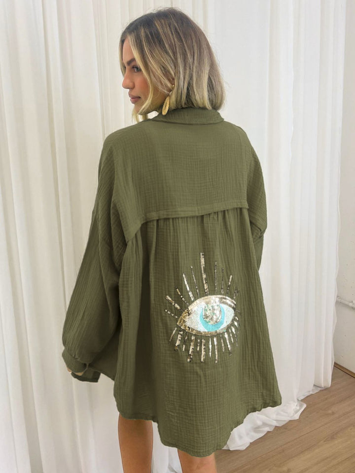 Nazar | Oversized Sequin Evil Eye Shirt – Boho Statement Shirt