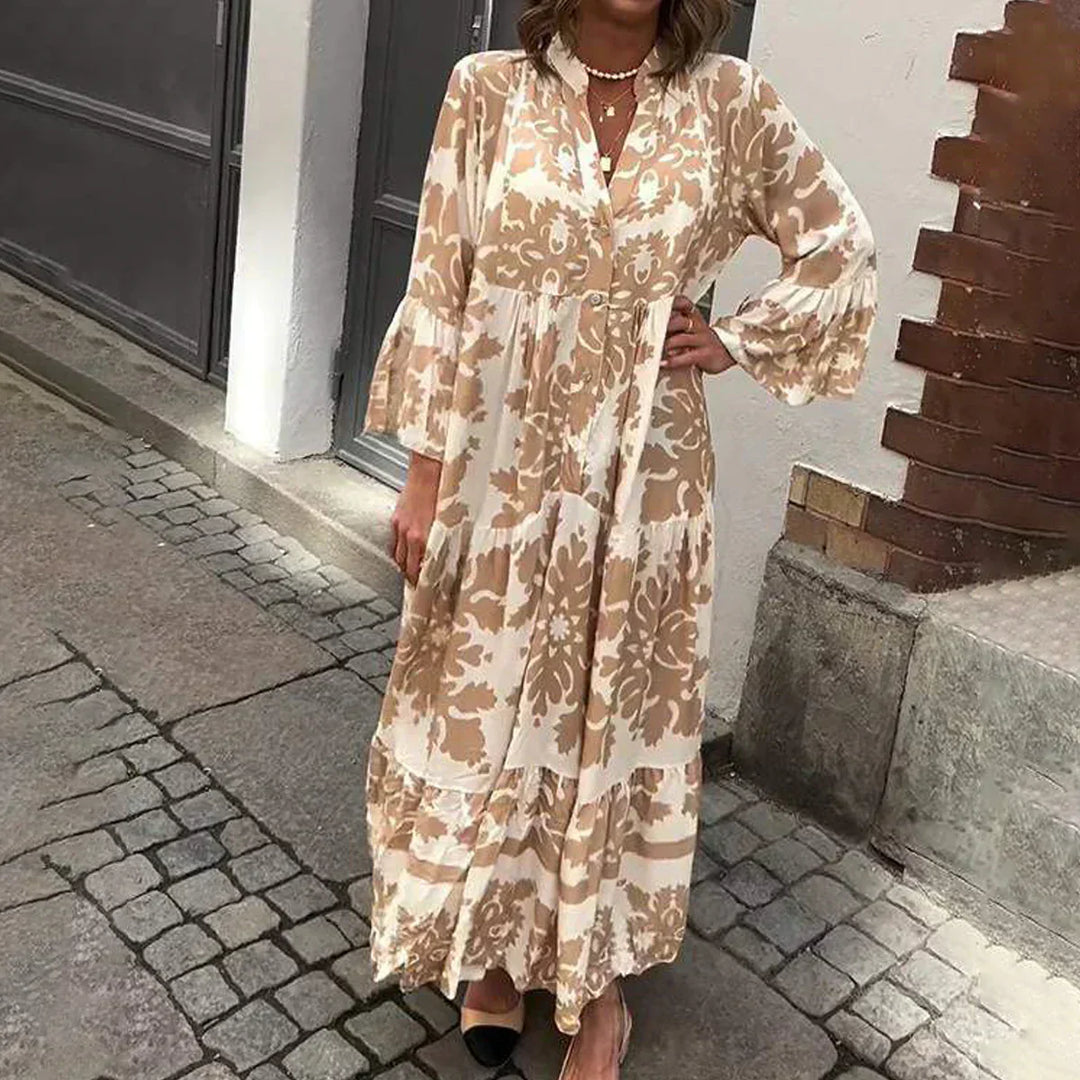 Venetia | Baroque Print Lantern Sleeve Tiered Boho Dress