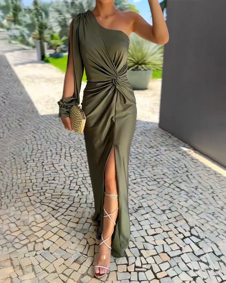 Rowena | One Shoulder Twist Knot Long Sleeve Maxi Fall Wedding Guest Dress