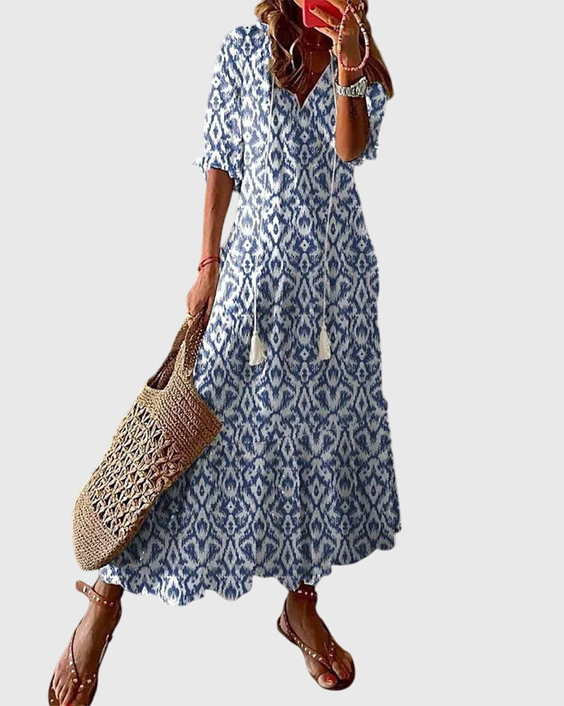 Ikat | Tassel-Tie V-Neck Printed Maxi Summer Dress
