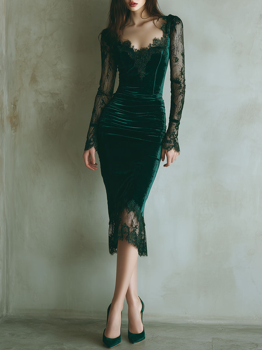 Emerald | Velvet Lace Bodycon Midi Dress – Elegant Evening Dress