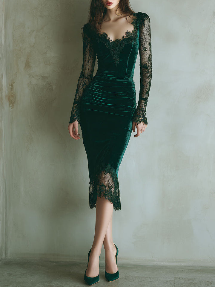 Emerald | Velvet Lace Bodycon Midi Dress – Elegant Evening Dress