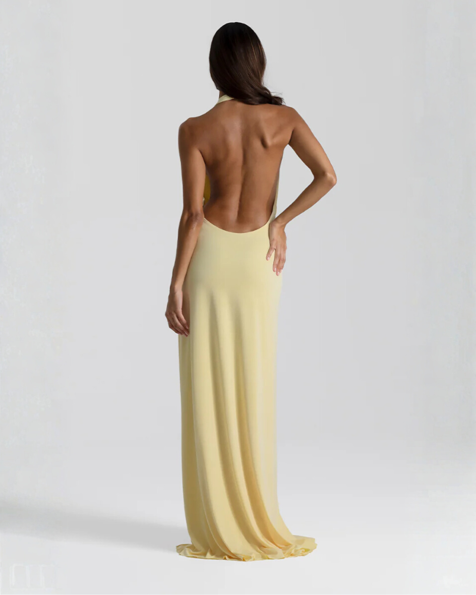 Solange | Draped Cowl Neck Backless Halter Neck Maxi Dress