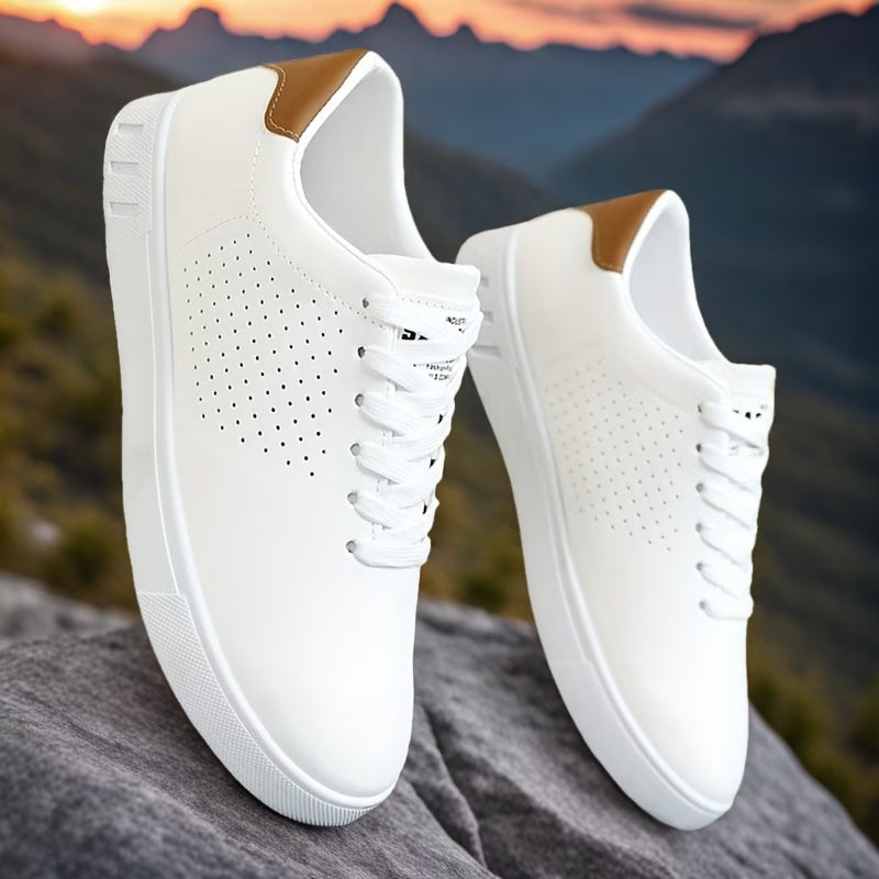 Lawton | Perforated Leather Tan Collar Lace-Up White Sneakers Mens Shoes