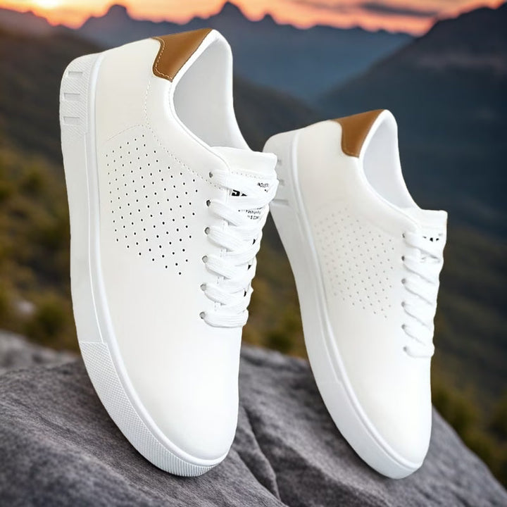 Lawton | Perforated Leather Tan Collar Lace-Up White Sneakers Mens Shoes