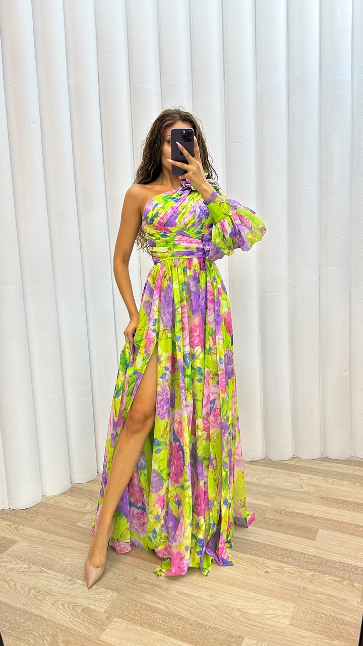 Floriana | Puff Sleeve One Shoulder Dress Floral Maxi