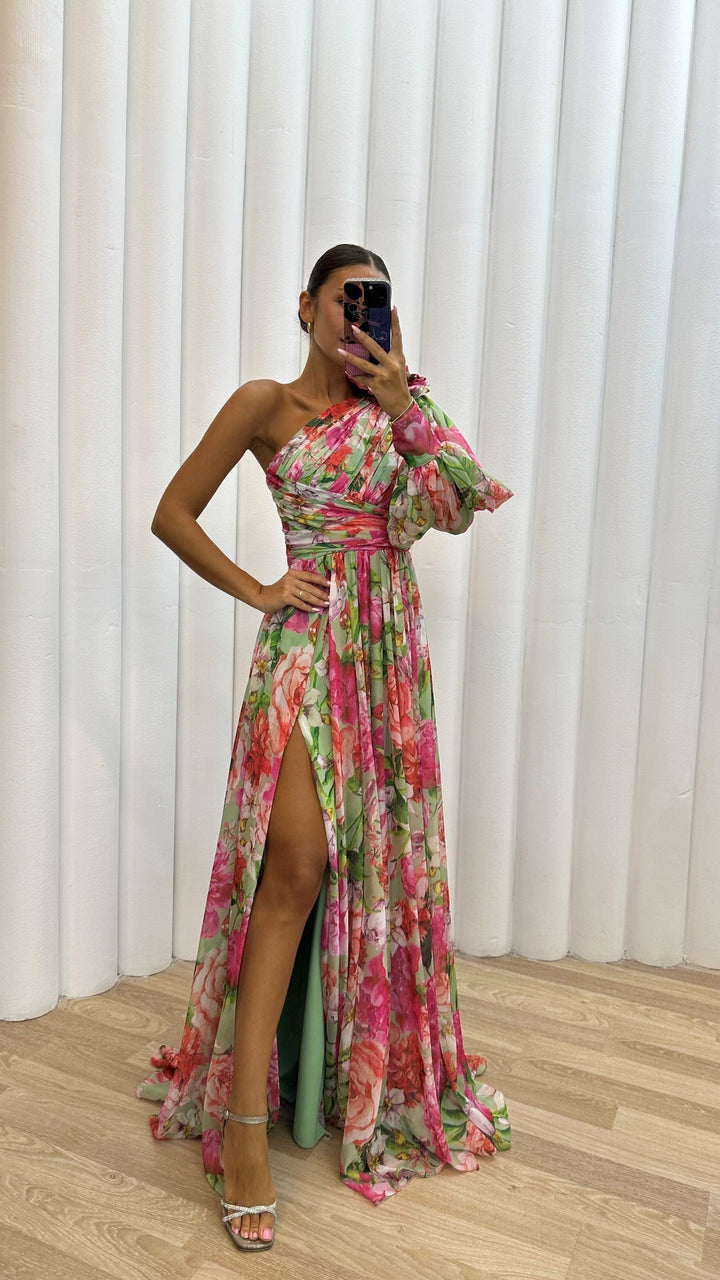Floriana | Puff Sleeve One Shoulder Dress Floral Maxi