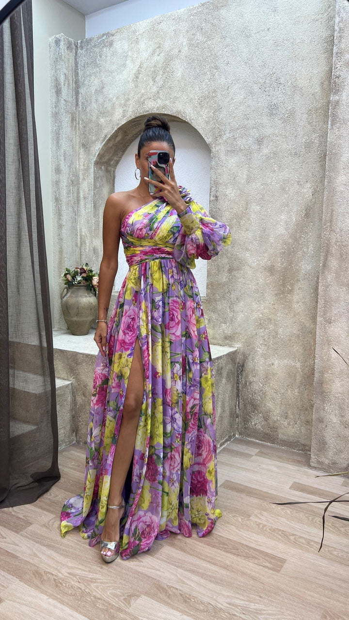 Floriana | Puff Sleeve One Shoulder Dress Floral Maxi