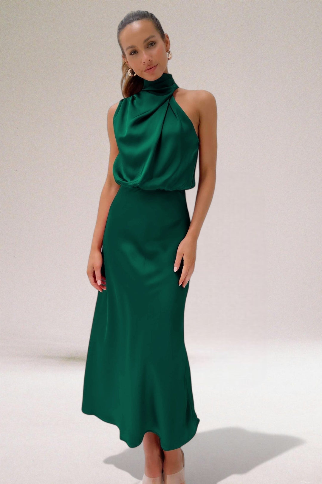 Sabine | Draped Blouson Satin Halter Neck Maxi Dress