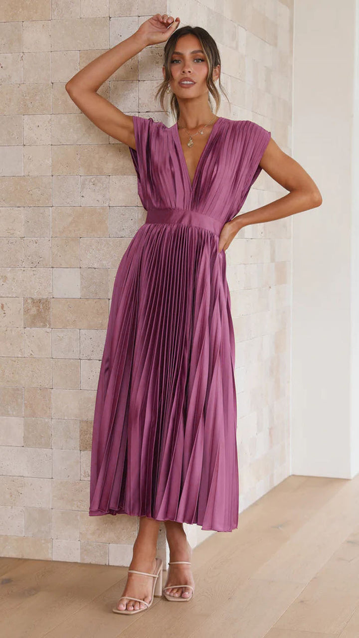 Aurora | Deep V Neck Pleated Satin Midi Dress