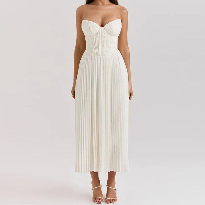 Mirabelle | Strapless Corset Womens Pleated Midi Dress with Boning