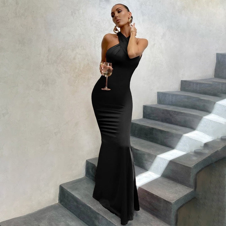Ondine | Cross Halter Neck Backless Fishtail Maxi Fall Wedding Guest Dress