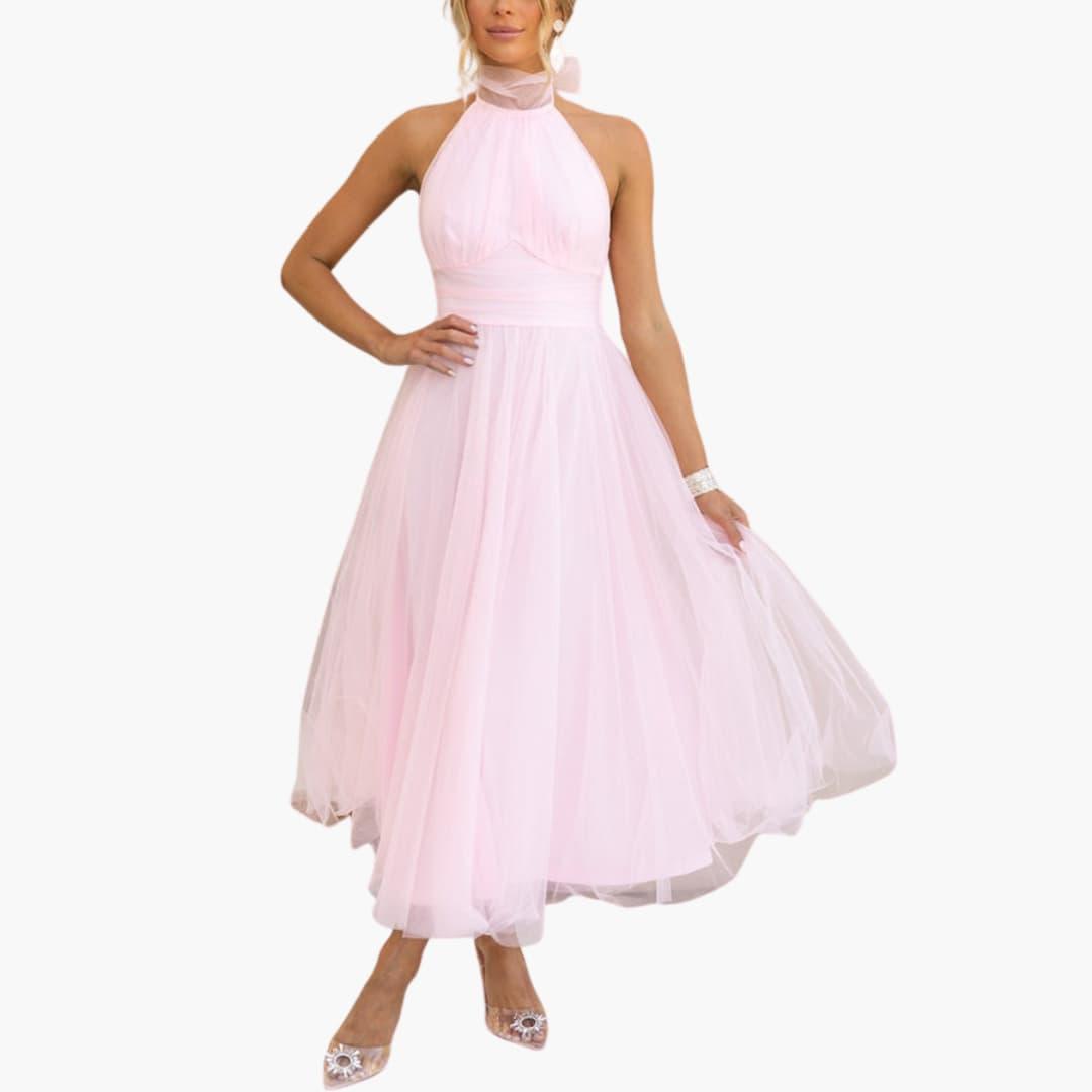 Celestine | Tulle Bow-Tie Halter Neck Maxi Dress with Full Skirt