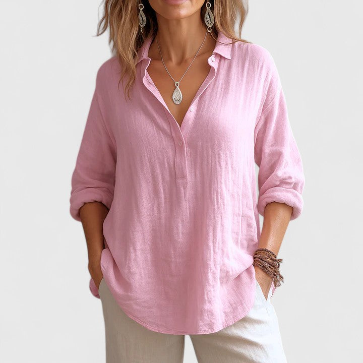 Marlowe | Collared V-Neck Linen Longline Tunic Blouse