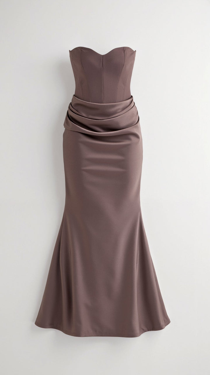 Adrienne | Strapless Corset Ruched Satin Maxi Formal Dress